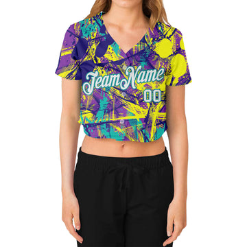 Custom Women's Graffiti Pattern White-Aqua Abstract Urban 3D V-Neck Cropped Baseball Jersey