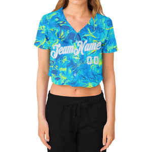 Custom Women's Graffiti Pattern White-Light Blue Scratch 3D V-Neck Cropped Baseball Jersey