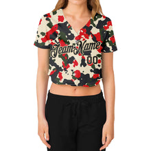 Charger l&#39;image dans la galerie, Custom Women&#39;s Camo Black-Cream Salute To Service V-Neck Cropped Baseball Jersey
