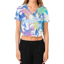 Charger l&#39;image dans la galerie, Custom Women&#39;s White White-Light Blue Hawaii Palm Trees 3D V-Neck Cropped Baseball Jersey
