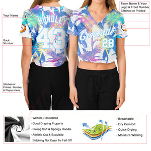 Custom Women's White White-Light Blue Hawaii Palm Trees 3D V-Neck Cropped Baseball Jersey