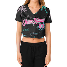 Charger l&#39;image dans la galerie, Custom Women&#39;s Black Pink-White Hawaii Palm Trees 3D V-Neck Cropped Baseball Jersey
