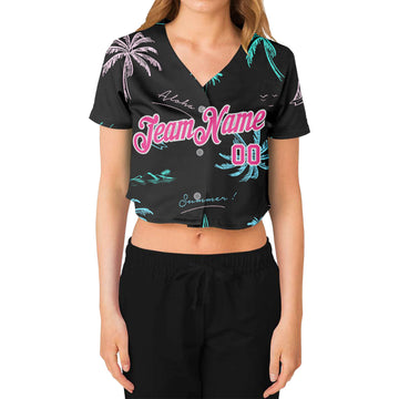 Custom Women's Black Pink-White Hawaii Palm Trees 3D V-Neck Cropped Baseball Jersey