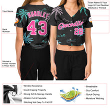 Charger l&#39;image dans la galerie, Custom Women&#39;s Black Pink-White Hawaii Palm Trees 3D V-Neck Cropped Baseball Jersey
