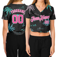 Charger l&#39;image dans la galerie, Custom Women&#39;s Black Pink-White Hawaii Palm Trees 3D V-Neck Cropped Baseball Jersey
