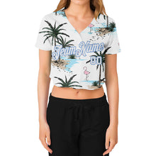 Laden Sie das Bild in den Galerie-Viewer, Custom Women&#39;s White White-Light Blue Hawaii Palm Trees 3D V-Neck Cropped Baseball Jersey
