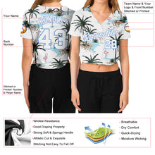 Laden Sie das Bild in den Galerie-Viewer, Custom Women&#39;s White White-Light Blue Hawaii Palm Trees 3D V-Neck Cropped Baseball Jersey
