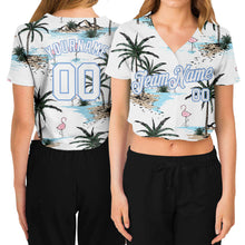 Laden Sie das Bild in den Galerie-Viewer, Custom Women&#39;s White White-Light Blue Hawaii Palm Trees 3D V-Neck Cropped Baseball Jersey
