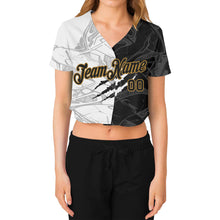 Загрузить изображение в средство просмотра галереи, Custom Women&#39;s Graffiti Pattern Black-Old Gold Scratch 3D V-Neck Cropped Baseball Jersey
