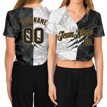 Загрузить изображение в средство просмотра галереи, Custom Women&#39;s Graffiti Pattern Black-Old Gold Scratch 3D V-Neck Cropped Baseball Jersey
