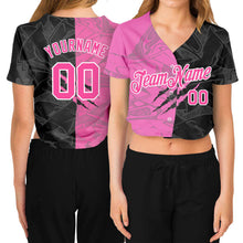 Загрузить изображение в средство просмотра галереи, Custom Women&#39;s Graffiti Pattern Pink-White Scratch 3D V-Neck Cropped Baseball Jersey
