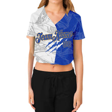 Загрузить изображение в средство просмотра галереи, Custom Women&#39;s Graffiti Pattern Royal-Old Gold Scratch 3D V-Neck Cropped Baseball Jersey
