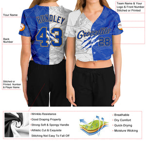 Custom Women's Graffiti Pattern Royal-Old Gold Scratch 3D V-Neck Cropped Baseball Jersey