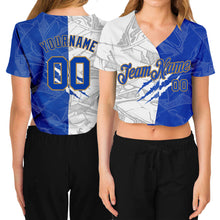 Загрузить изображение в средство просмотра галереи, Custom Women&#39;s Graffiti Pattern Royal-Old Gold Scratch 3D V-Neck Cropped Baseball Jersey
