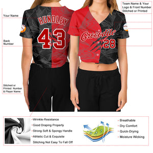 Custom Women's Graffiti Pattern Red-White Scratch 3D V-Neck Cropped Baseball Jersey