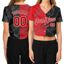 Загрузить изображение в средство просмотра галереи, Custom Women&#39;s Graffiti Pattern Red-White Scratch 3D V-Neck Cropped Baseball Jersey
