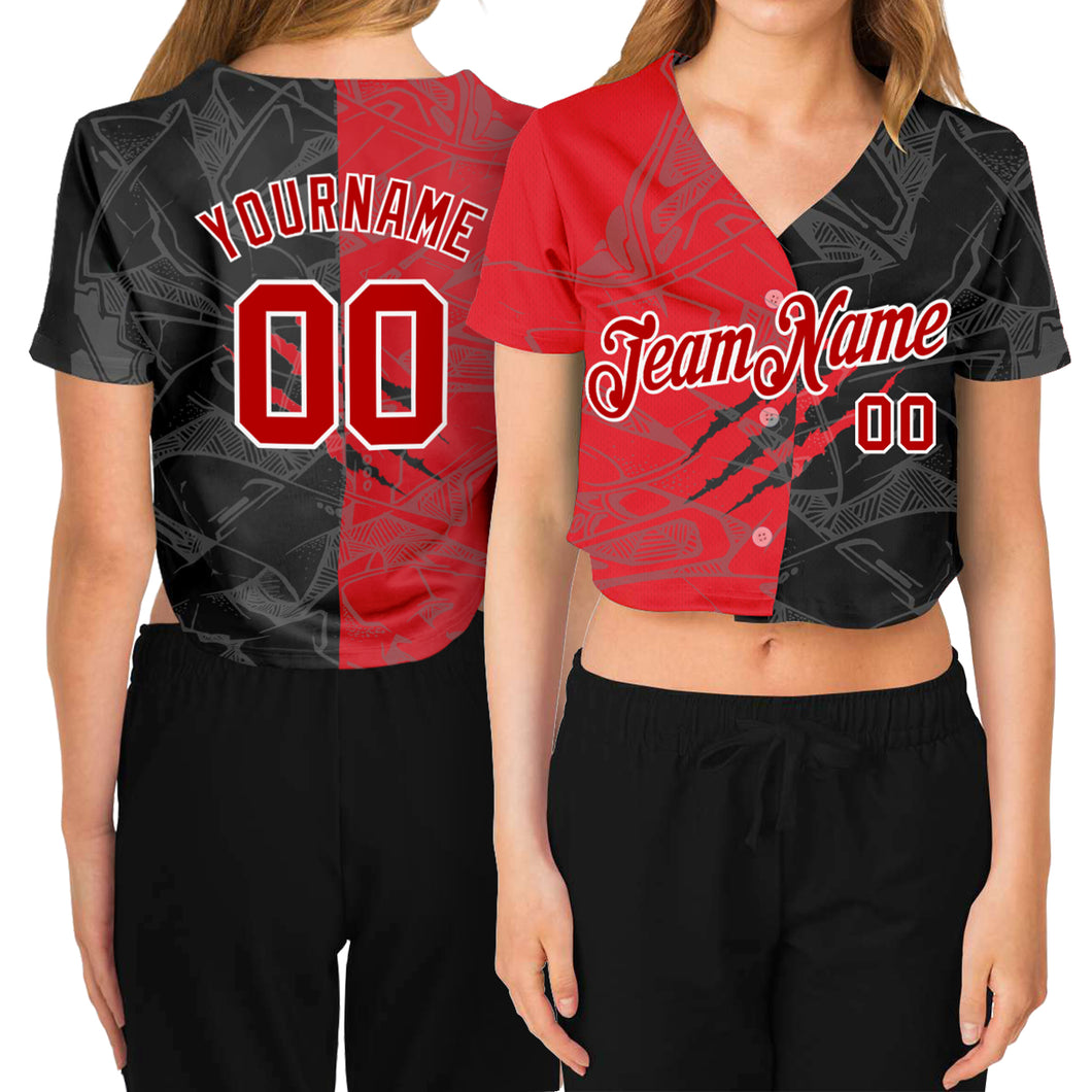 Custom Women's Graffiti Pattern Red-White Scratch 3D V-Neck Cropped Baseball Jersey