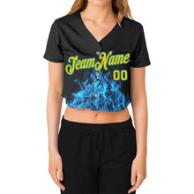 Загрузить изображение в средство просмотра галереи, Custom Women&#39;s Black Gold-Aqua Flame 3D V-Neck Cropped Baseball Jersey
