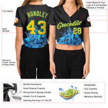 Загрузить изображение в средство просмотра галереи, Custom Women&#39;s Black Gold-Aqua Flame 3D V-Neck Cropped Baseball Jersey
