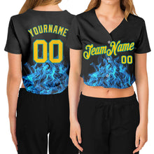 Загрузить изображение в средство просмотра галереи, Custom Women&#39;s Black Gold-Aqua Flame 3D V-Neck Cropped Baseball Jersey
