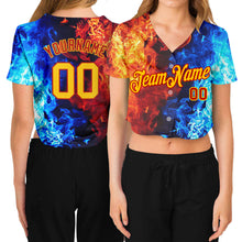 Загрузить изображение в средство просмотра галереи, Custom Women&#39;s Red Gold Royal-Light Blue Flame 3D V-Neck Cropped Baseball Jersey
