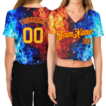 Custom Women's Red Gold Royal-Light Blue Flame 3D V-Neck Cropped Baseball Jersey