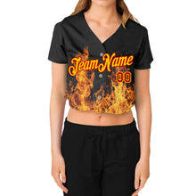 Загрузить изображение в средство просмотра галереи, Custom Women&#39;s Black Gold-Red Flame 3D V-Neck Cropped Baseball Jersey
