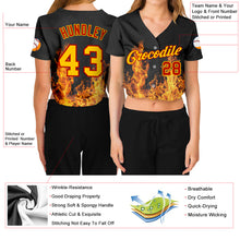 Загрузить изображение в средство просмотра галереи, Custom Women&#39;s Black Gold-Red Flame 3D V-Neck Cropped Baseball Jersey
