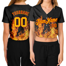 Загрузить изображение в средство просмотра галереи, Custom Women&#39;s Black Gold-Red Flame 3D V-Neck Cropped Baseball Jersey
