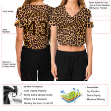 Загрузить изображение в средство просмотра галереи, Custom Women&#39;s Brown Brown-Old Gold Leopard 3D V-Neck Cropped Baseball Jersey
