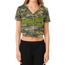 Загрузить изображение в средство просмотра галереи, Custom Women&#39;s Camo Green-Gold Salute To Service V-Neck Cropped Baseball Jersey
