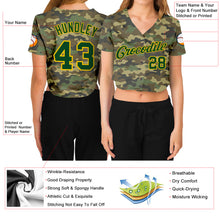 Load image into Gallery viewer, Custom Women&#39;s Camo Green-Gold Salute To Service V-Neck Cropped Baseball Jersey
