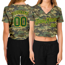 Load image into Gallery viewer, Custom Women&#39;s Camo Green-Gold Salute To Service V-Neck Cropped Baseball Jersey
