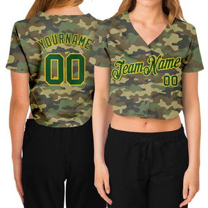 Custom Women's Camo Green-Gold Salute To Service V-Neck Cropped Baseball Jersey