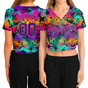 Custom Women's Graffiti Pattern Purple-Pink Bright Neon Colors 3D V-Neck Cropped Baseball Jersey