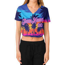 Laden Sie das Bild in den Galerie-Viewer, Custom Women&#39;s Royal Pink-Light Blue Hawaii Palm Trees 3D V-Neck Cropped Baseball Jersey
