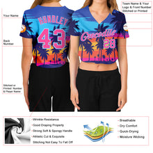 Laden Sie das Bild in den Galerie-Viewer, Custom Women&#39;s Royal Pink-Light Blue Hawaii Palm Trees 3D V-Neck Cropped Baseball Jersey
