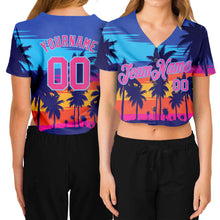 Laden Sie das Bild in den Galerie-Viewer, Custom Women&#39;s Royal Pink-Light Blue Hawaii Palm Trees 3D V-Neck Cropped Baseball Jersey
