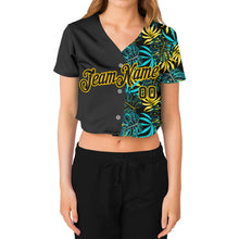 Загрузить изображение в средство просмотра галереи, Custom Women&#39;s Black Black-Gold Tropical Palm Leaves 3D V-Neck Cropped Baseball Jersey
