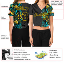 Загрузить изображение в средство просмотра галереи, Custom Women&#39;s Black Black-Gold Tropical Palm Leaves 3D V-Neck Cropped Baseball Jersey
