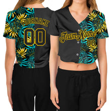 Загрузить изображение в средство просмотра галереи, Custom Women&#39;s Black Black-Gold Tropical Palm Leaves 3D V-Neck Cropped Baseball Jersey
