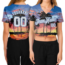 Load image into Gallery viewer, Custom Women&#39;s Light Blue White-Light Blue Hawaii Palm Trees 3D V-Neck Cropped Baseball Jersey
