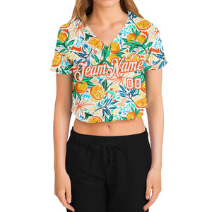 Custom Women's White White-Orange Fruits 3D V-Neck Cropped Baseball Jersey