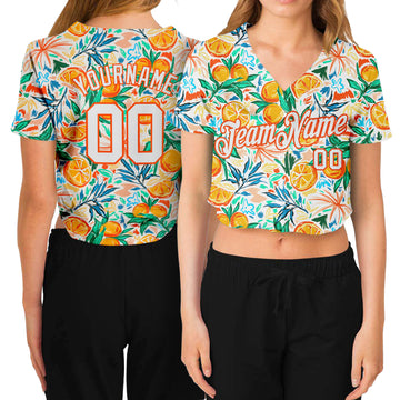 Custom Women's White White-Orange Fruits 3D V-Neck Cropped Baseball Jersey