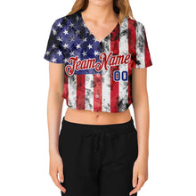 Загрузить изображение в средство просмотра галереи, Custom Women&#39;s White Royal-Red American Flag Fashion 3D V-Neck Cropped Baseball Jersey
