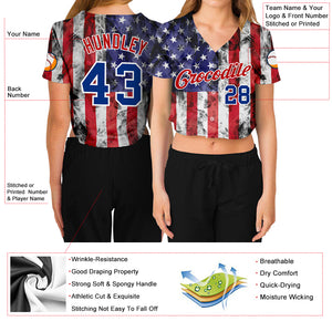 Custom Women's White Royal-Red American Flag Fashion 3D V-Neck Cropped Baseball Jersey