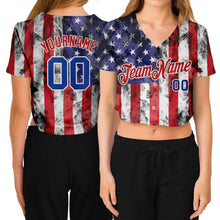 Загрузить изображение в средство просмотра галереи, Custom Women&#39;s White Royal-Red American Flag Fashion 3D V-Neck Cropped Baseball Jersey
