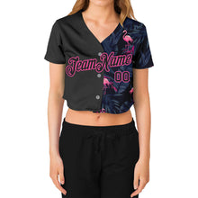 Загрузить изображение в средство просмотра галереи, Custom Women&#39;s Black Black-Pink Flamingo 3D V-Neck Cropped Baseball Jersey
