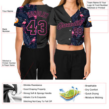 Загрузить изображение в средство просмотра галереи, Custom Women&#39;s Black Black-Pink Flamingo 3D V-Neck Cropped Baseball Jersey
