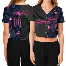 Загрузить изображение в средство просмотра галереи, Custom Women&#39;s Black Black-Pink Flamingo 3D V-Neck Cropped Baseball Jersey
